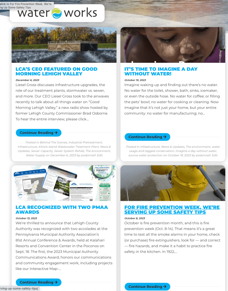 An image showing four of the blogs Patrick F. O'Donnell wrote for Lehigh County Authority, a water and wastewater utility in Pennsylvania.